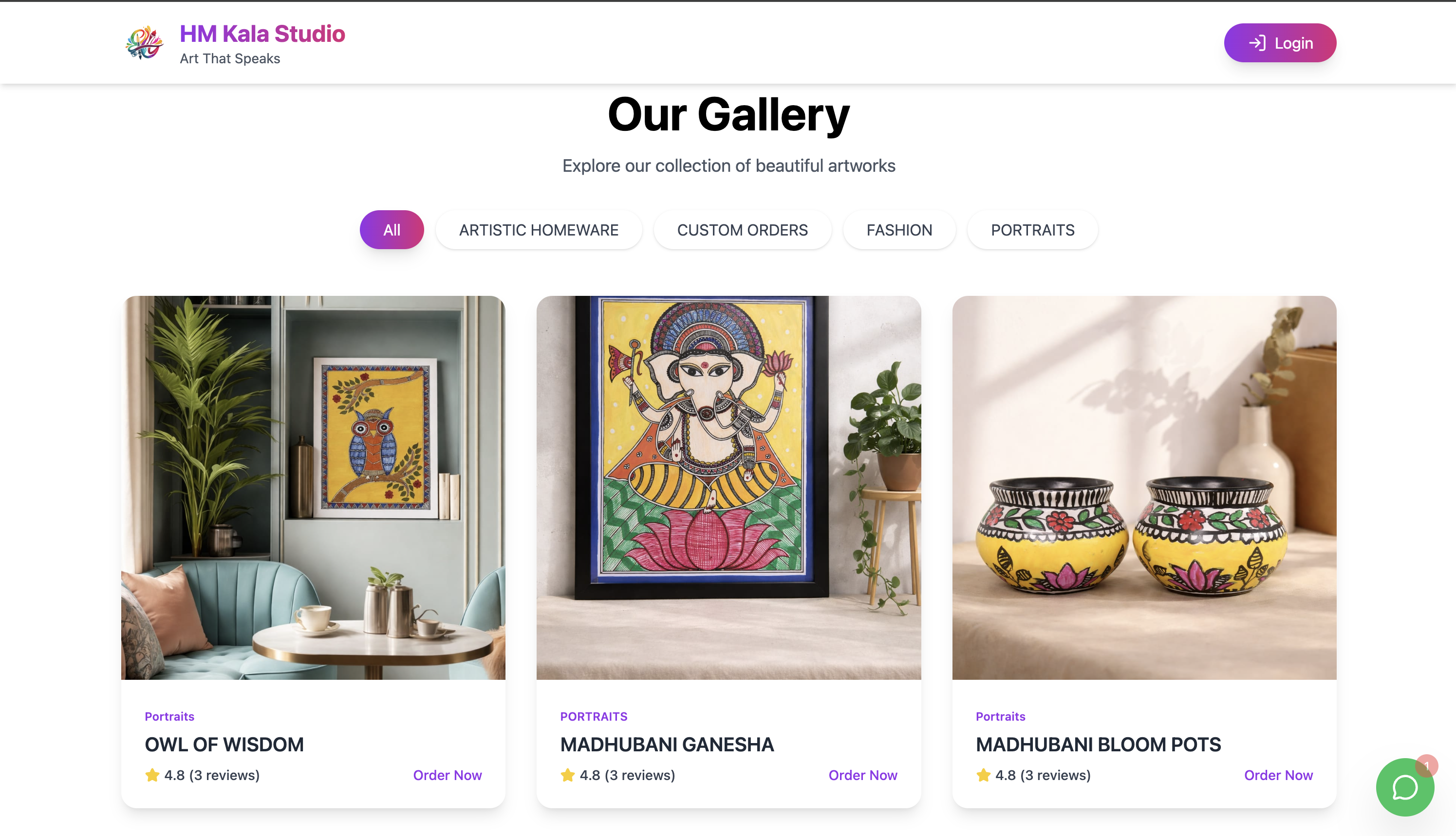 E-commerce website for HM Kala Studio - online store for paintings, drawings, and handmade artwork